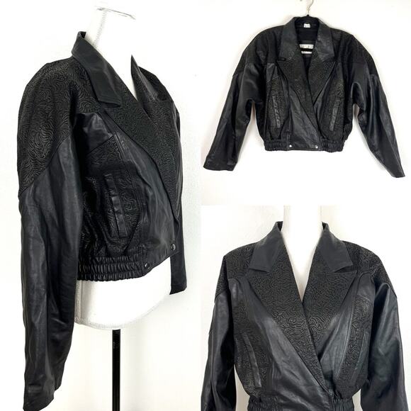 Vintage Jackets & Blazers - Vintage 80s Womens Black Leather Jacket Cropped Mob Wife Retro Moto Urban Medium